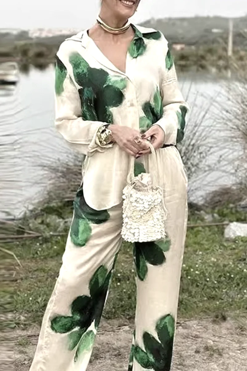 Casual Flowers Print Pocket Turndown Collar Long Sleeve Two Pieces - Panekey