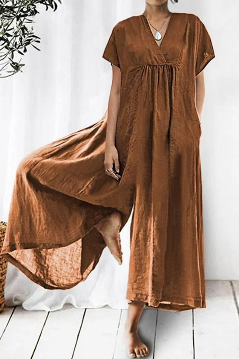 Casual Daily Solid Pocket V Neck Loose Jumpsuits - Panekey