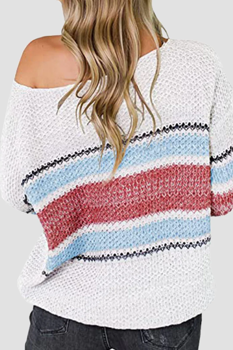 Casual Patchwork Hollowed Out  Contrast O Neck Tops Sweater - Panekey