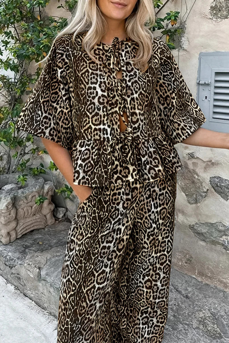Casual Leopard Lace Up Contrast O Neck Short Sleeve Two Pieces - Panekey