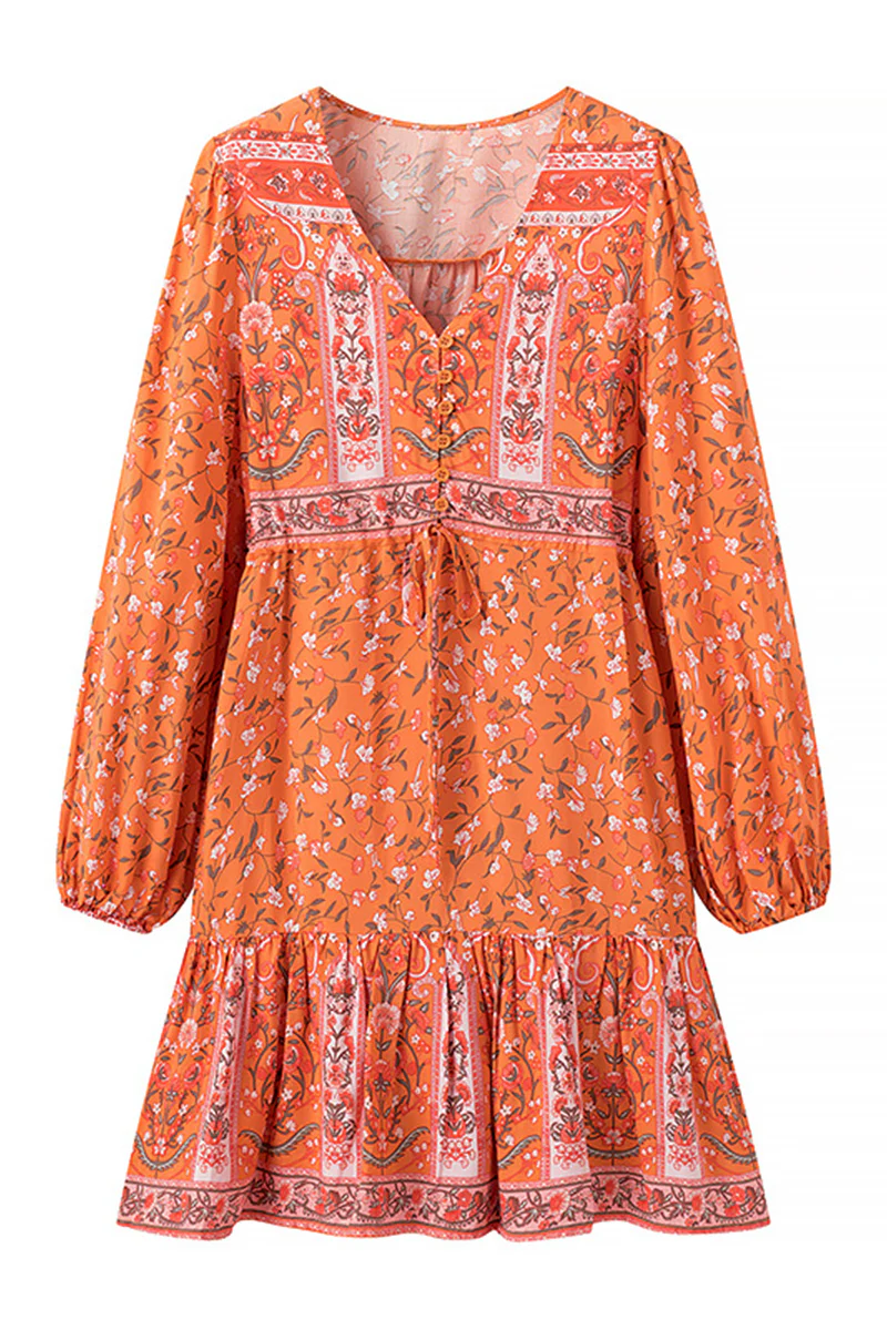 Casual Floral Print Lace Up V Neck A Line Dresses - Panekey