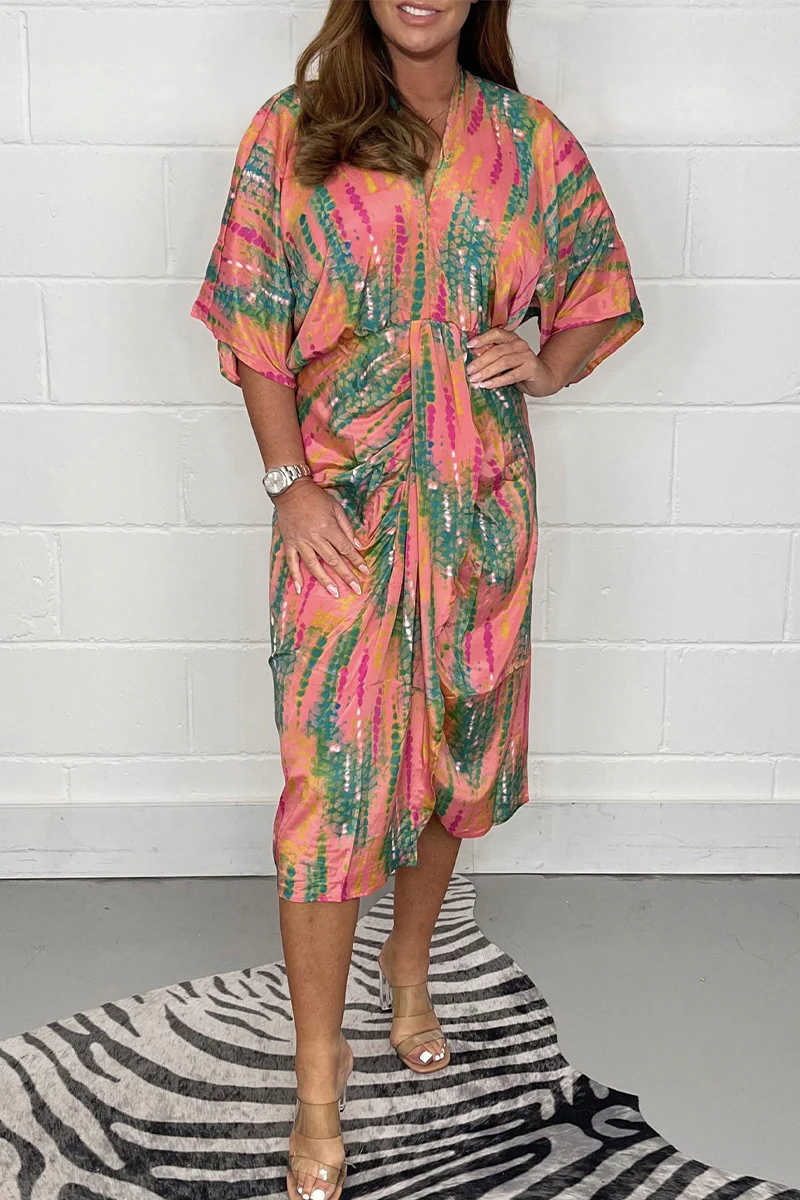 Casual Geometric Print Fold V Neck Printed Dress Dresses - Panekey