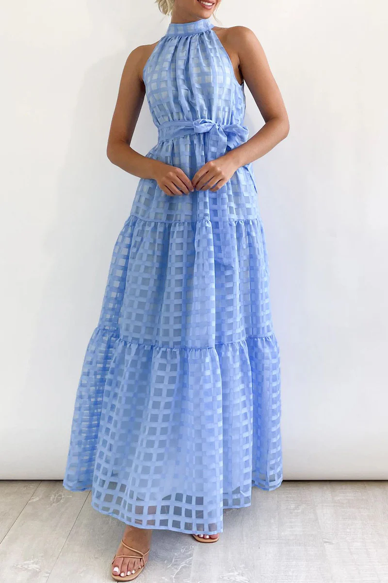 Bohemian College Plaid Frenulum See-through Halter A Line Dresses - Panekey