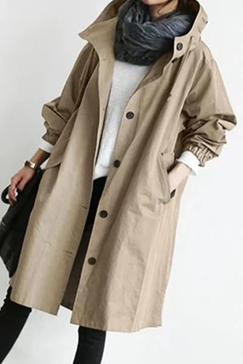 British Style Solid Pocket Buttons Hooded Collar Outerwear - Panekey