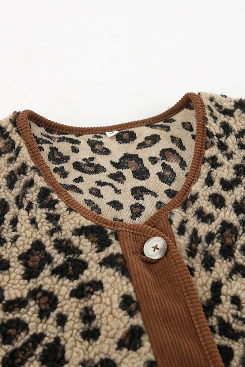 Casual Leopard Pocket Buttons Patchwork O Neck Outerwear - Panekey