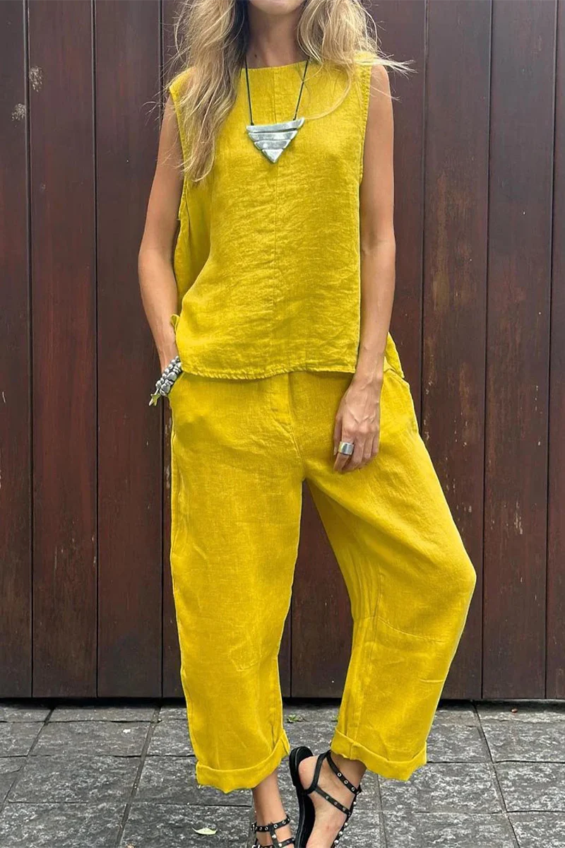 Casual Daily Solid Color Pocket O Neck Sleeveless Two Pieces(7 Colors) - Panekey