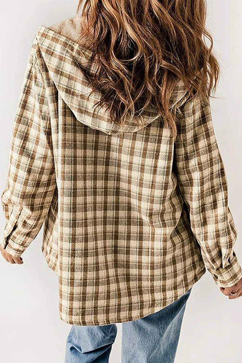 Casual Plaid Pocket Fluffy Contrast Hooded Outerwear(7 Colors) - Panekey