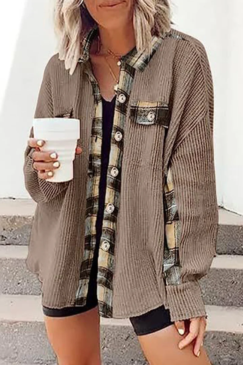 Casual Color Block Pocket Contrast Turndown Collar Tops - Panekey