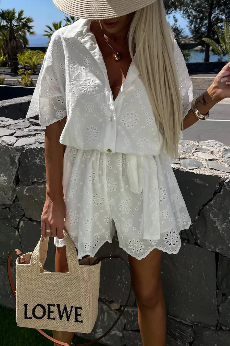 Casual Embroidered Hollow Out Turndown Collar Loose Rompers - Panekey