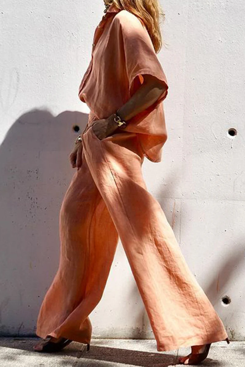 Casual Daily Solid Color Pocket Turndown Collar Half Sleeve Two Pieces - Panekey