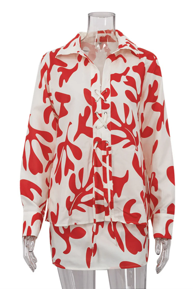 Casual Floral Patchwork Turndown Collar Long Sleeve Two Pieces - Panekey