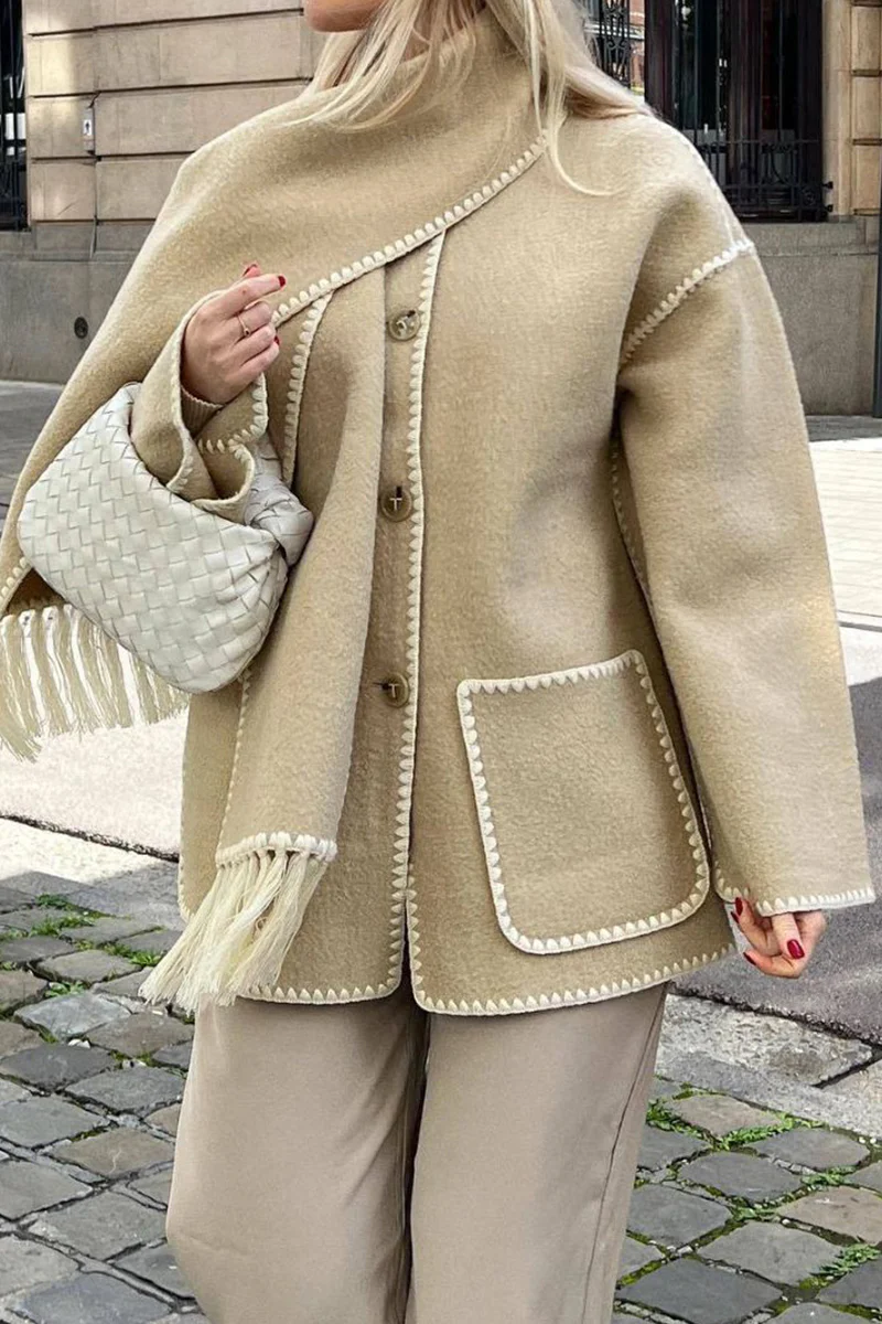 Casual British Style Solid Tassel Contrast Scarf Collar Outerwear - Panekey