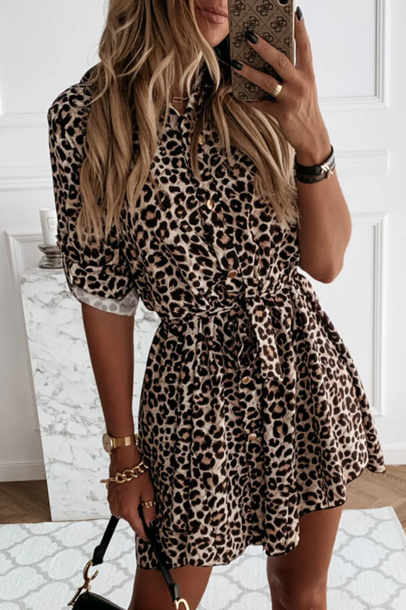 Casual Elegant Print Leopard Frenulum Buckle Dresses - Panekey