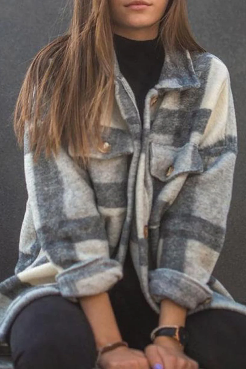 Casual Plaid Pocket Buckle Turndown Collar Outerwear - Panekey