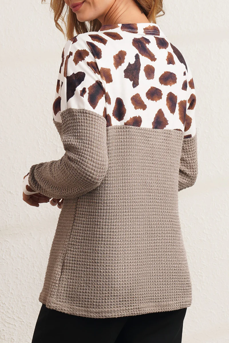 Casual Leopard Patchwork V Neck Tops - Panekey