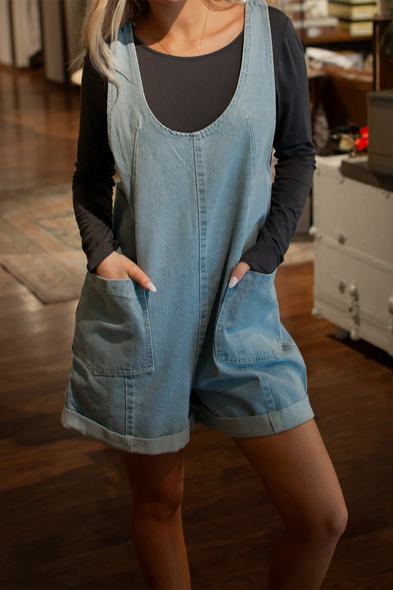 Casual Daily Solid Color Pocket U Neck Sleeveless Loose Denim Jumpsuits - Panekey