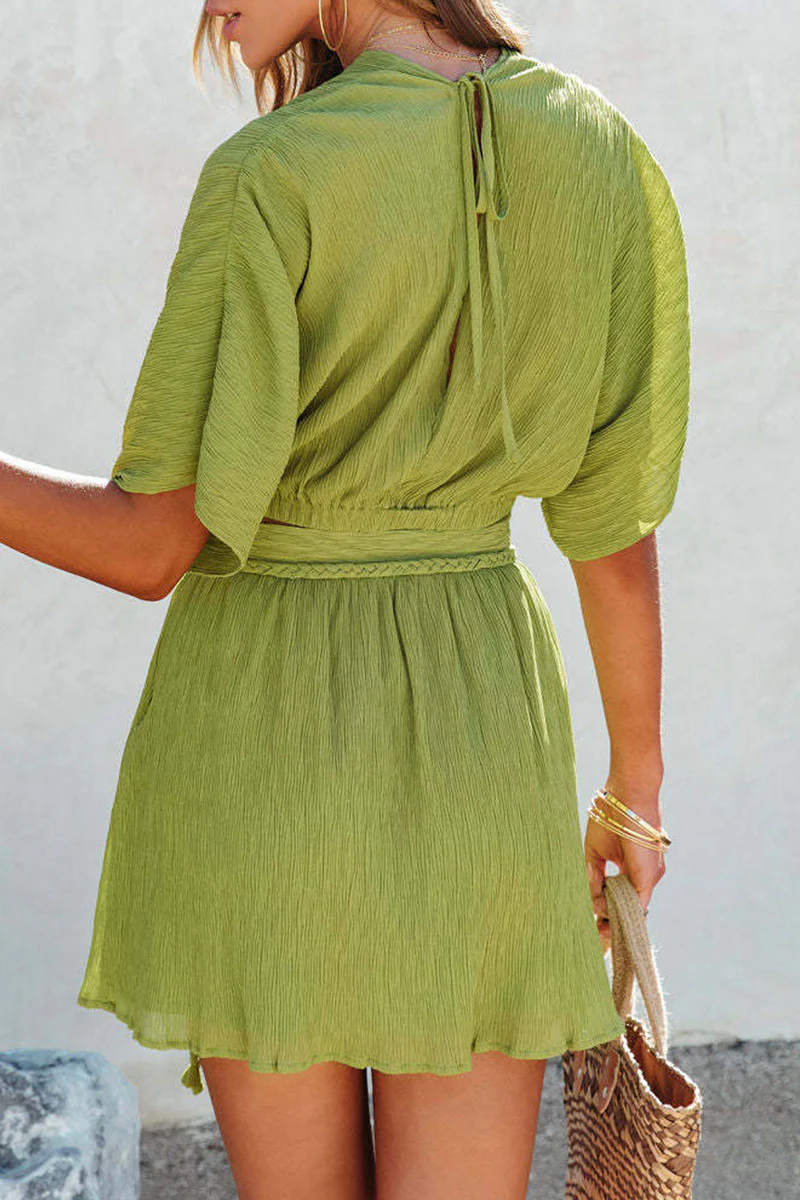 Casual Daily Solid Frenulum Backless V Neck Two Pieces - Panekey