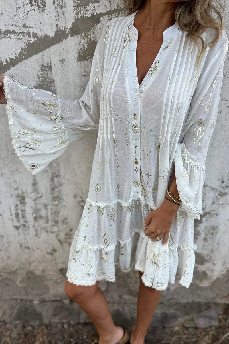 Casual Bronzing Pattern Patchwork Ruffle Contrast Button Collar A Line Dresses - Panekey