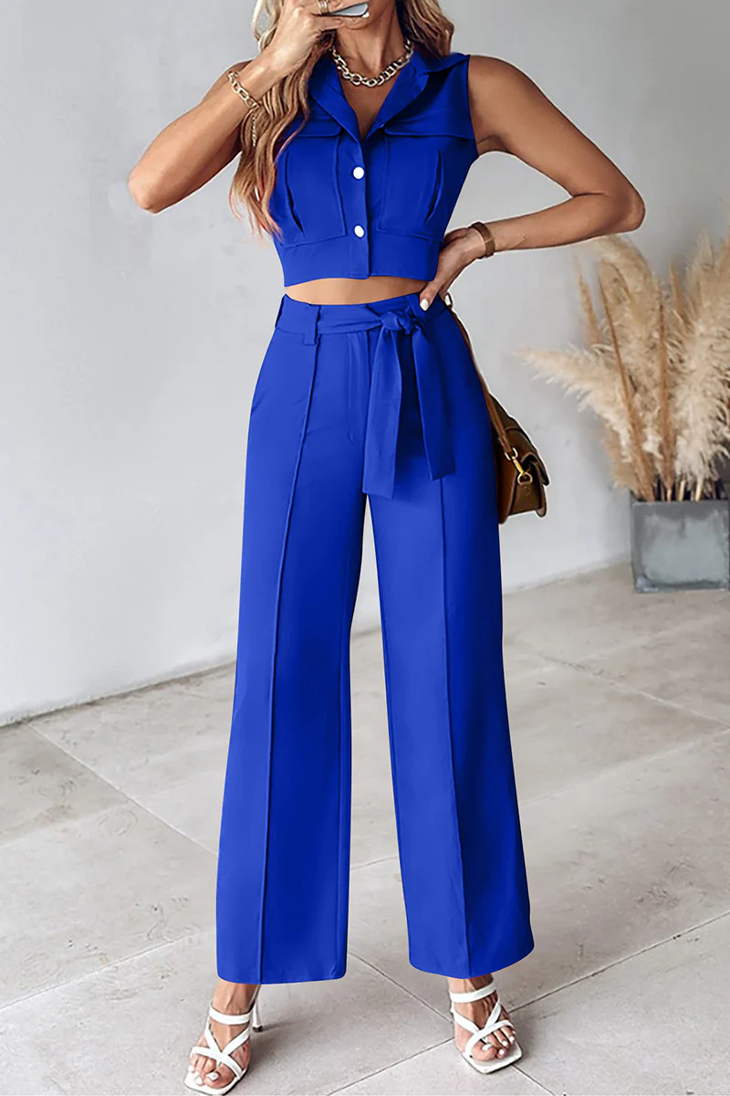 Casual Daily Solid Frenulum Turndown Collar Sleeveless Two Pieces(6 Colors) - Panekey