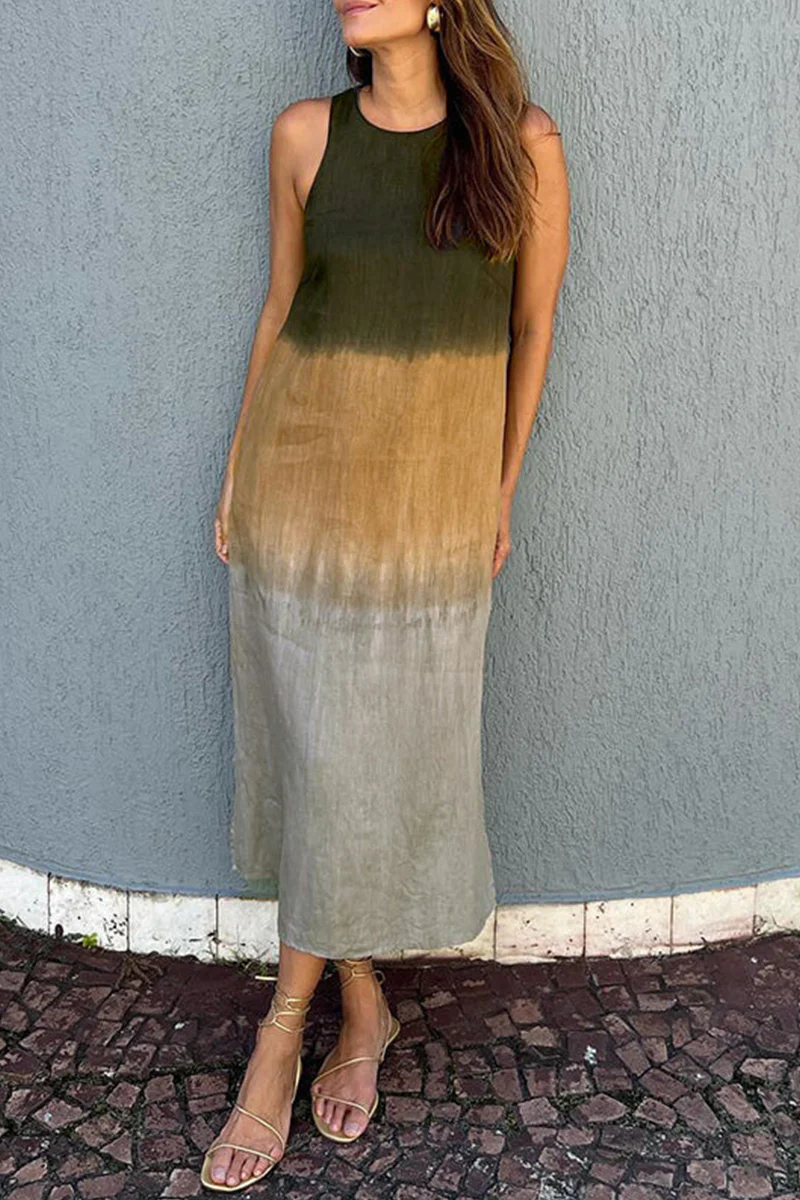 Casual Gradient Print Contrast O Neck Sleeveless Dresses(8 Colors) - Panekey