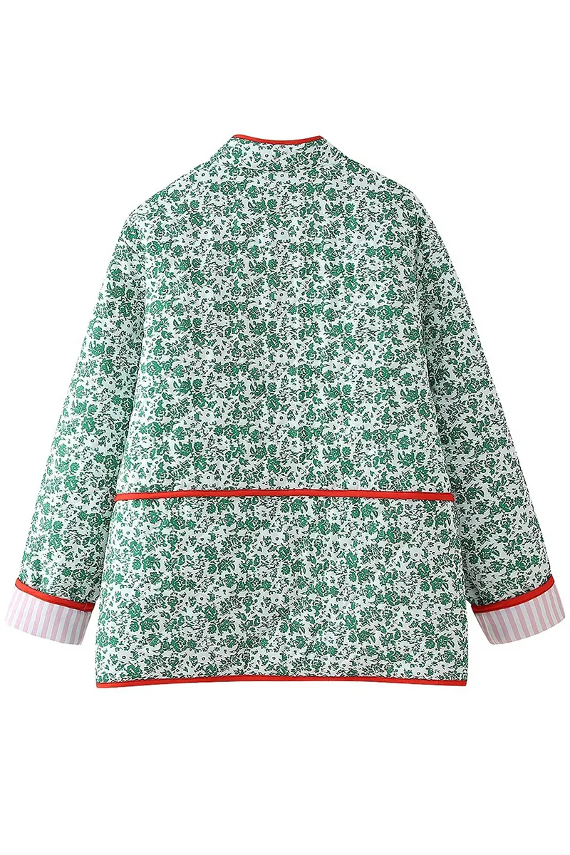 Casual Flowers Print Pocket Patchwork Contrast O Neck Outerwear - Panekey