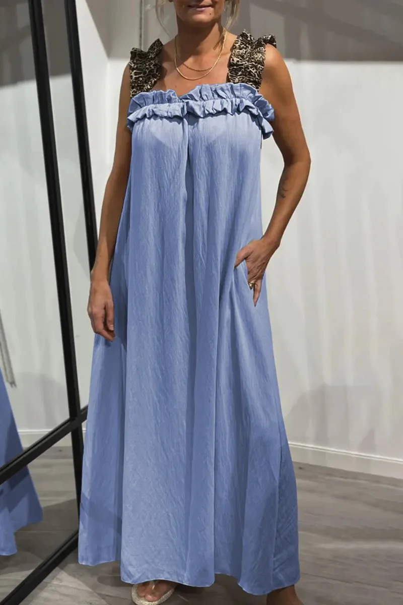 Casual Leopard Pocket Patchwork Flounce Square Neck Long Dresses(8 Colors) - Panekey