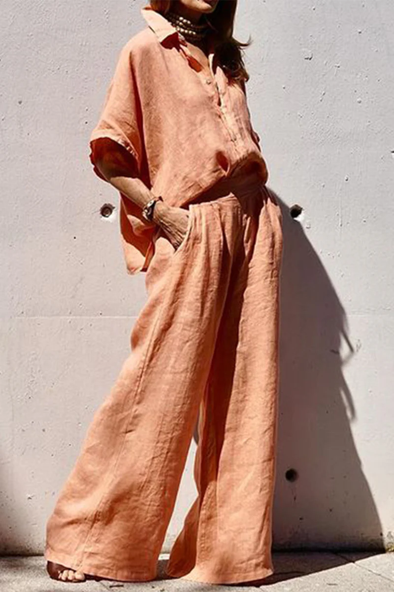 Casual Daily Solid Color Pocket Turndown Collar Half Sleeve Two Pieces - Panekey