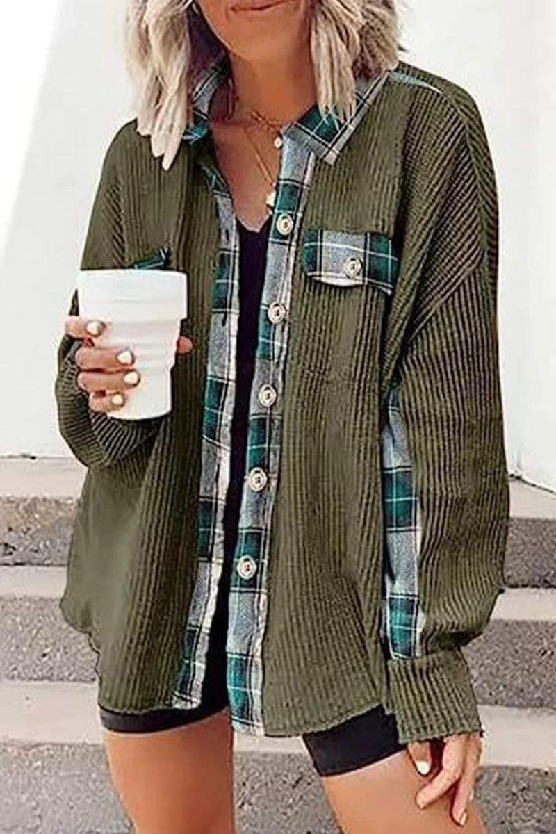 Casual Color Block Pocket Contrast Turndown Collar Tops - Panekey