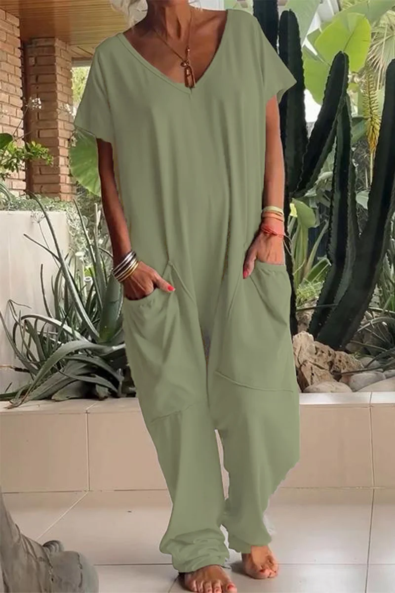 Casual Daily Solid Color Pocket V Neck Loose Jumpsuits(8 Colors) - Panekey