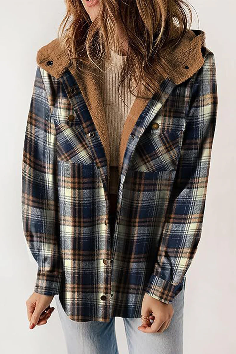 Casual Plaid Pocket Fluffy Contrast Hooded Outerwear(7 Colors) - Panekey
