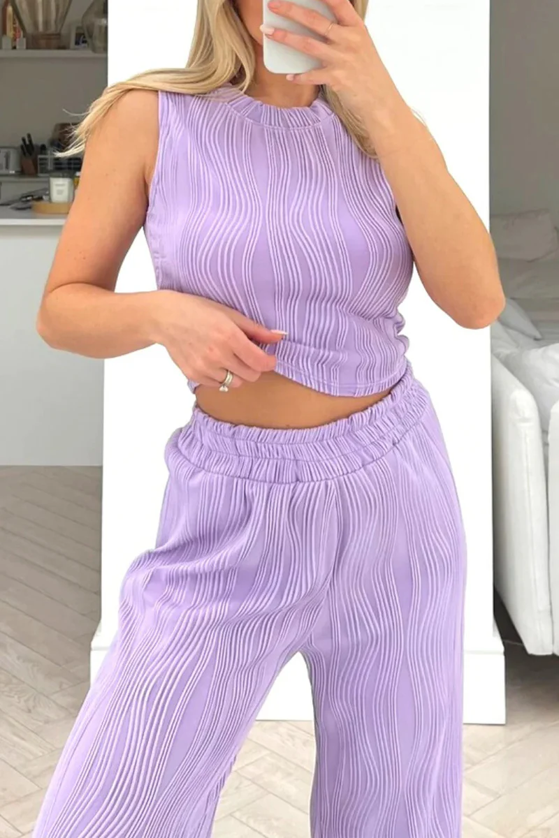 Casual Daily Solid Color Texture O Neck Sleeveless Two Pieces(6 Colors) - Panekey