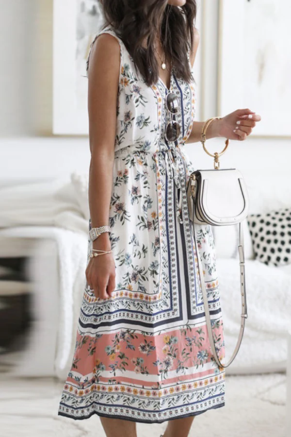 Casual Floral Patchwork Frenulum V Neck A Line Dresses - Panekey