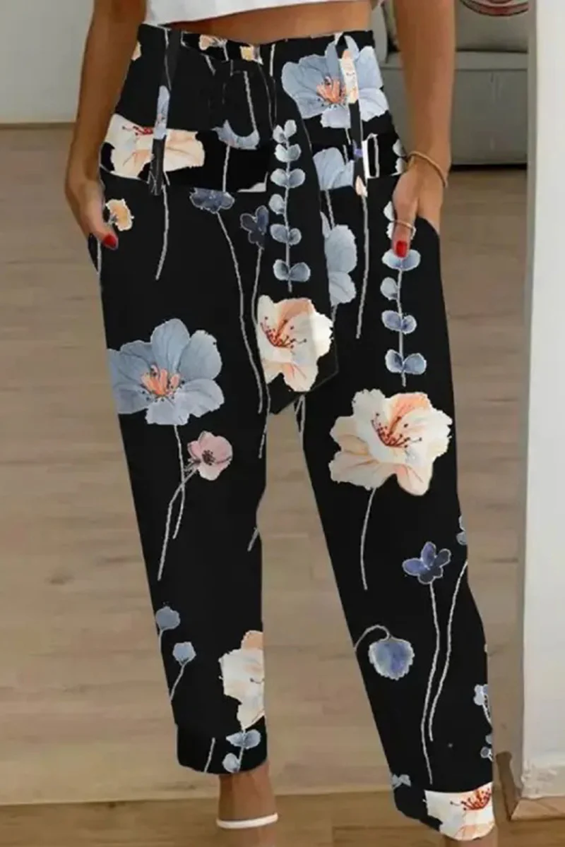 Casual Patchwork Pocket Printing Loose Mid Waist Harlan Else Bottoms - Panekey