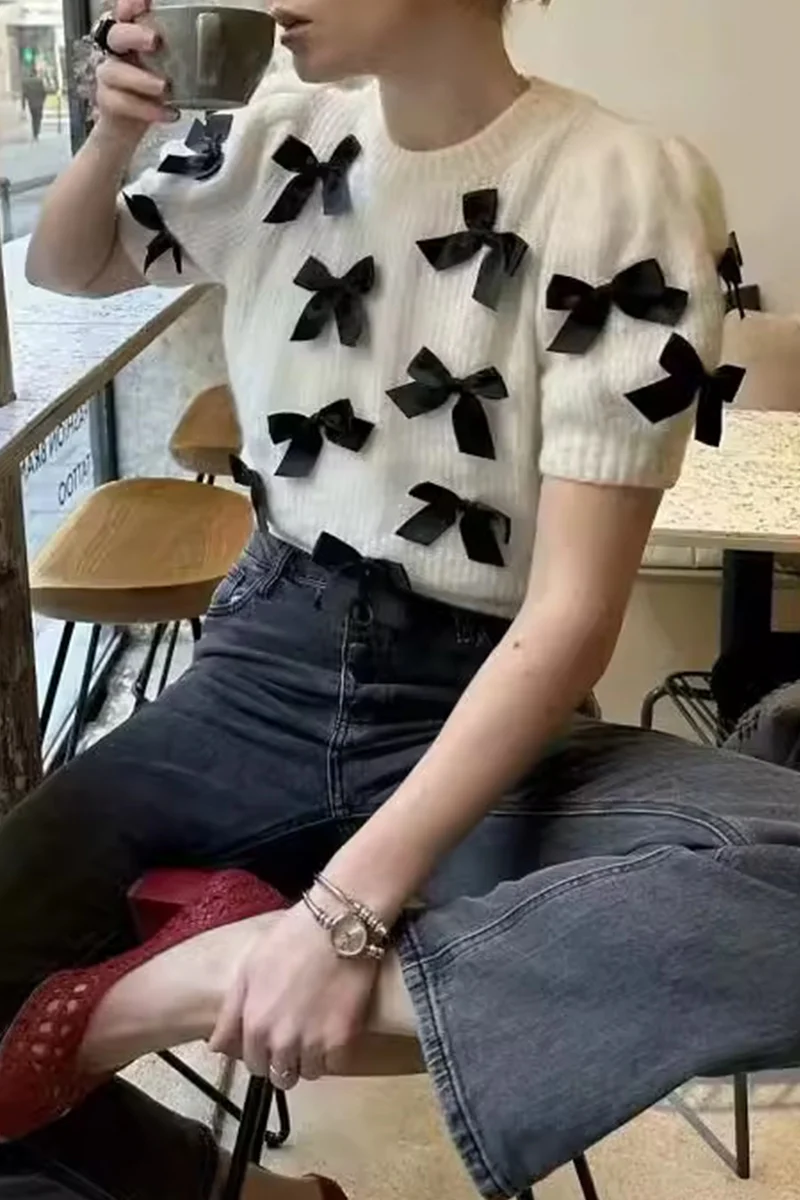 Casual Bow Patchwork Contrast O Neck Sweaters - Panekey