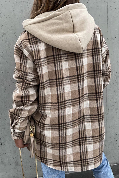 Casual Plaid Patchwork Buckle Hooded Collar Outerwear - Panekey