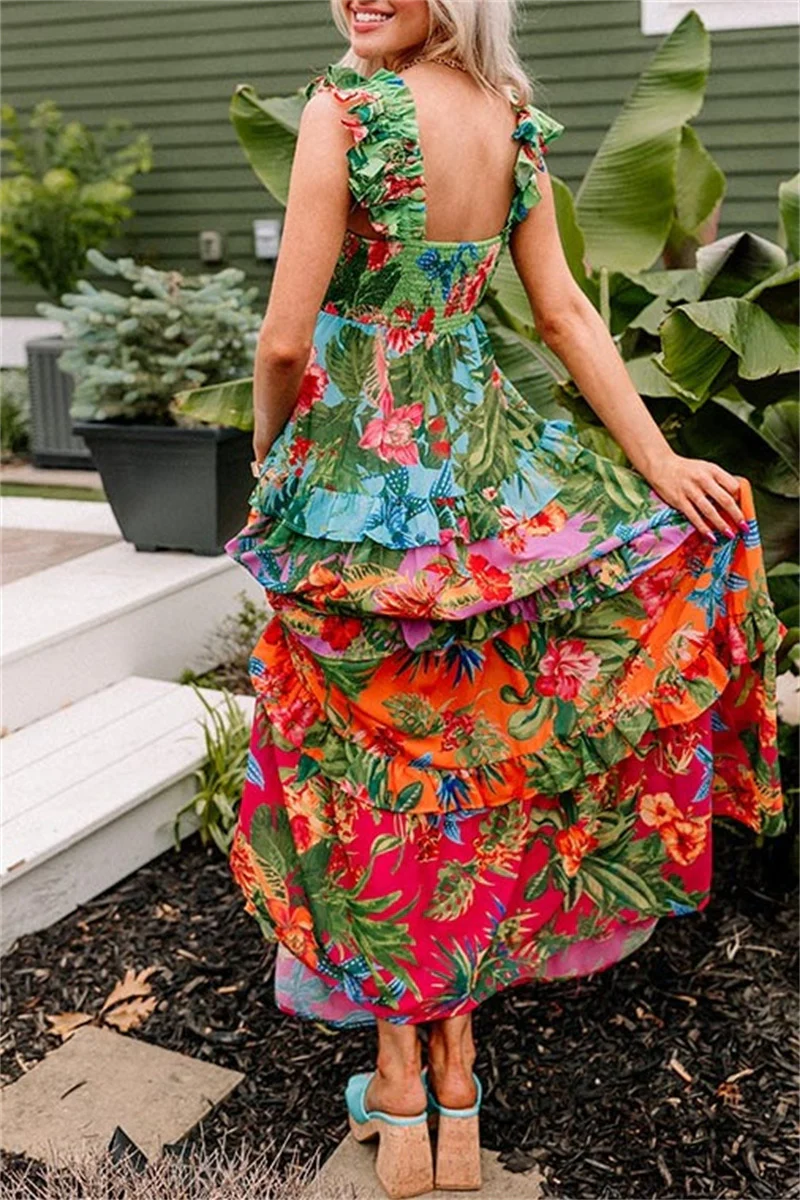 Casual Floral Print Patchwork Backless Square Neck Long Dresses - Panekey