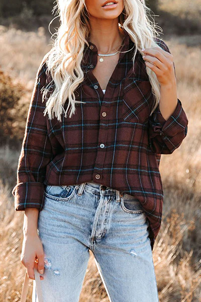 Casual Plaid Pocket Buckle Turndown Collar Tops - Panekey