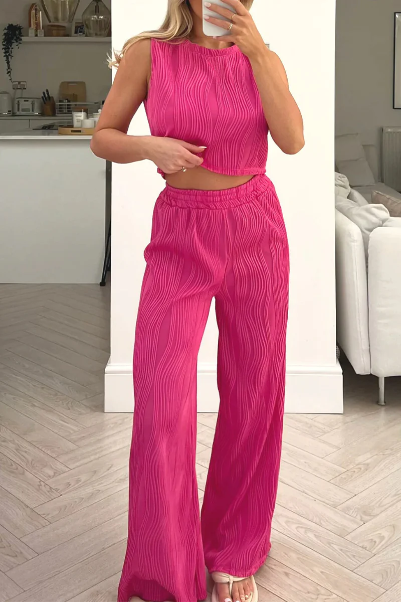 Casual Daily Solid Color Texture O Neck Sleeveless Two Pieces(6 Colors) - Panekey