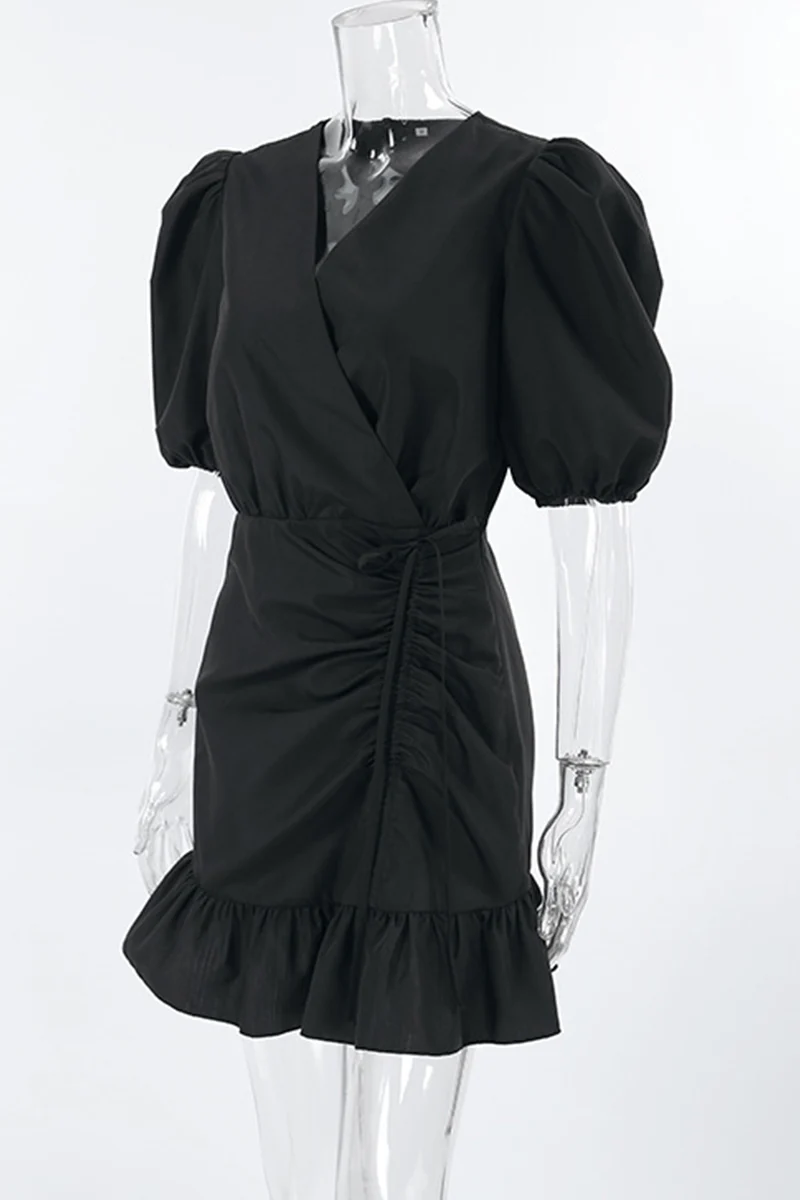 Casual Daily Solid Color Draw String Ruffle Ruched V Neck A Line Dresses - Panekey