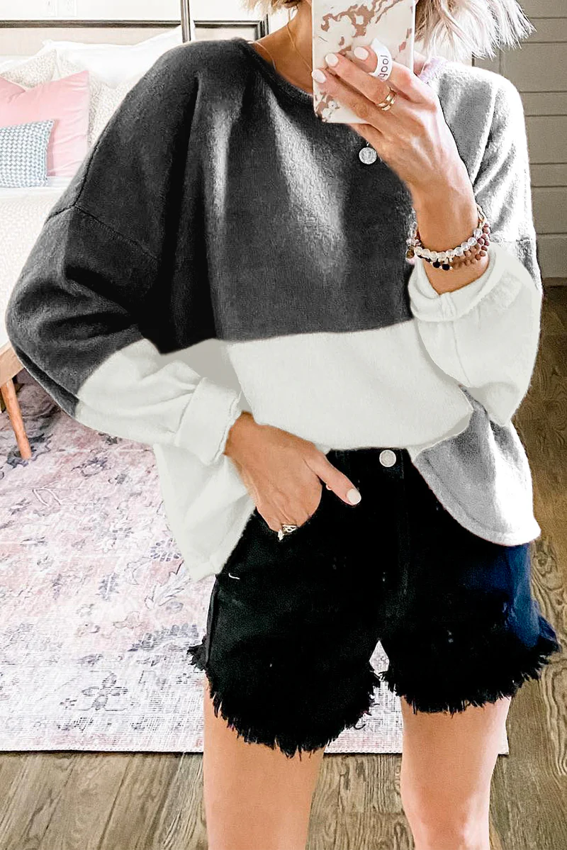 Casual Patchwork  Contrast O Neck Tops Sweater - Panekey