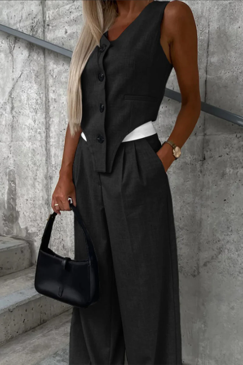 Casual British Style Solid Buttons Fold Asymmetrical V Neck Sleeveless Two Pieces(8 Colors) - Panekey