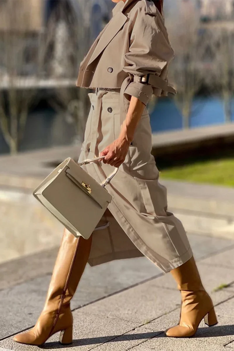 British Style Elegant Solid Pocket Buttons Turndown Collar Long Sleeve Two Pieces - Panekey