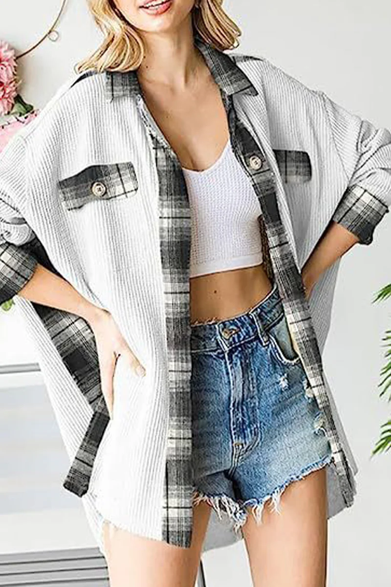 Casual Color Block Pocket Contrast Turndown Collar Tops - Panekey