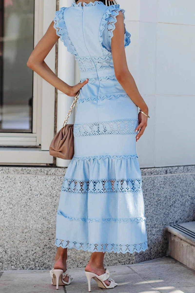 Casual Patchwork Lace V Neck Trumpet Mermaid Dresses(4 Colors) - Panekey