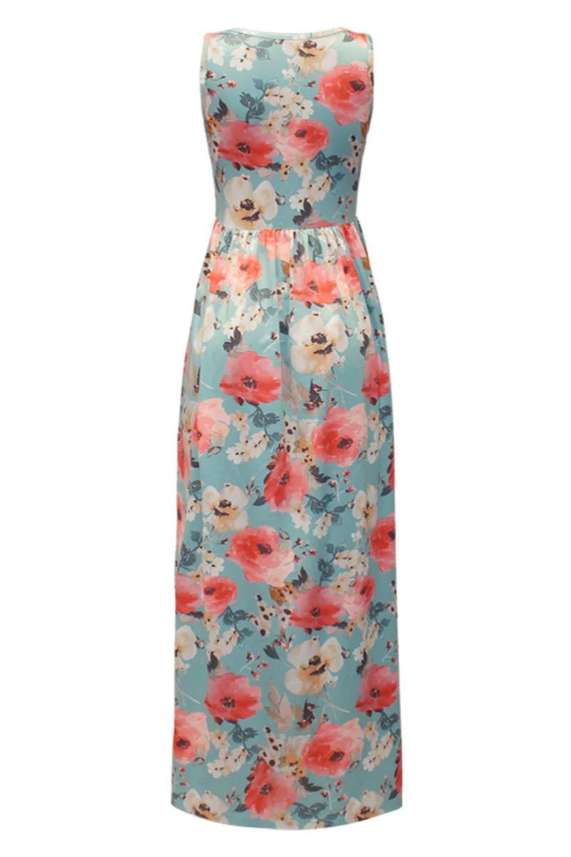 Casual Floral Print Basic O Neck Long Dresses - Panekey