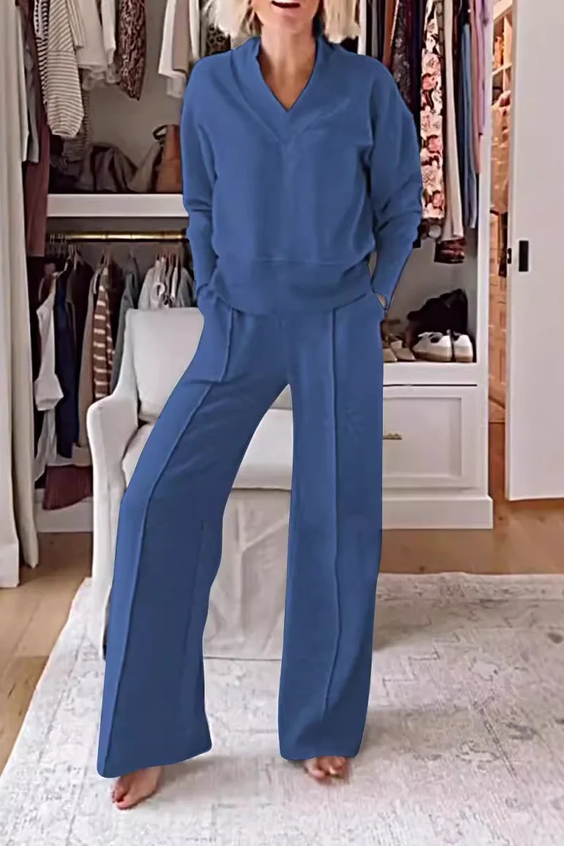 Casual Daily Pocket Texture V Neck Long Sleeve Two Pieces(7 Colors) - Panekey