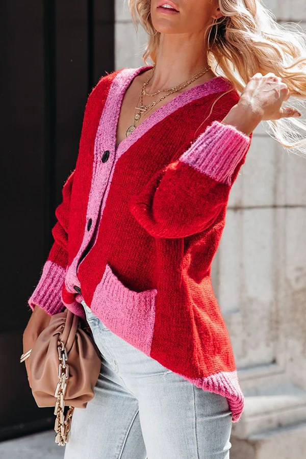 Casual Elegant Patchwork Pocket Buckle Contrast V Neck Outerwear Sweater - Panekey