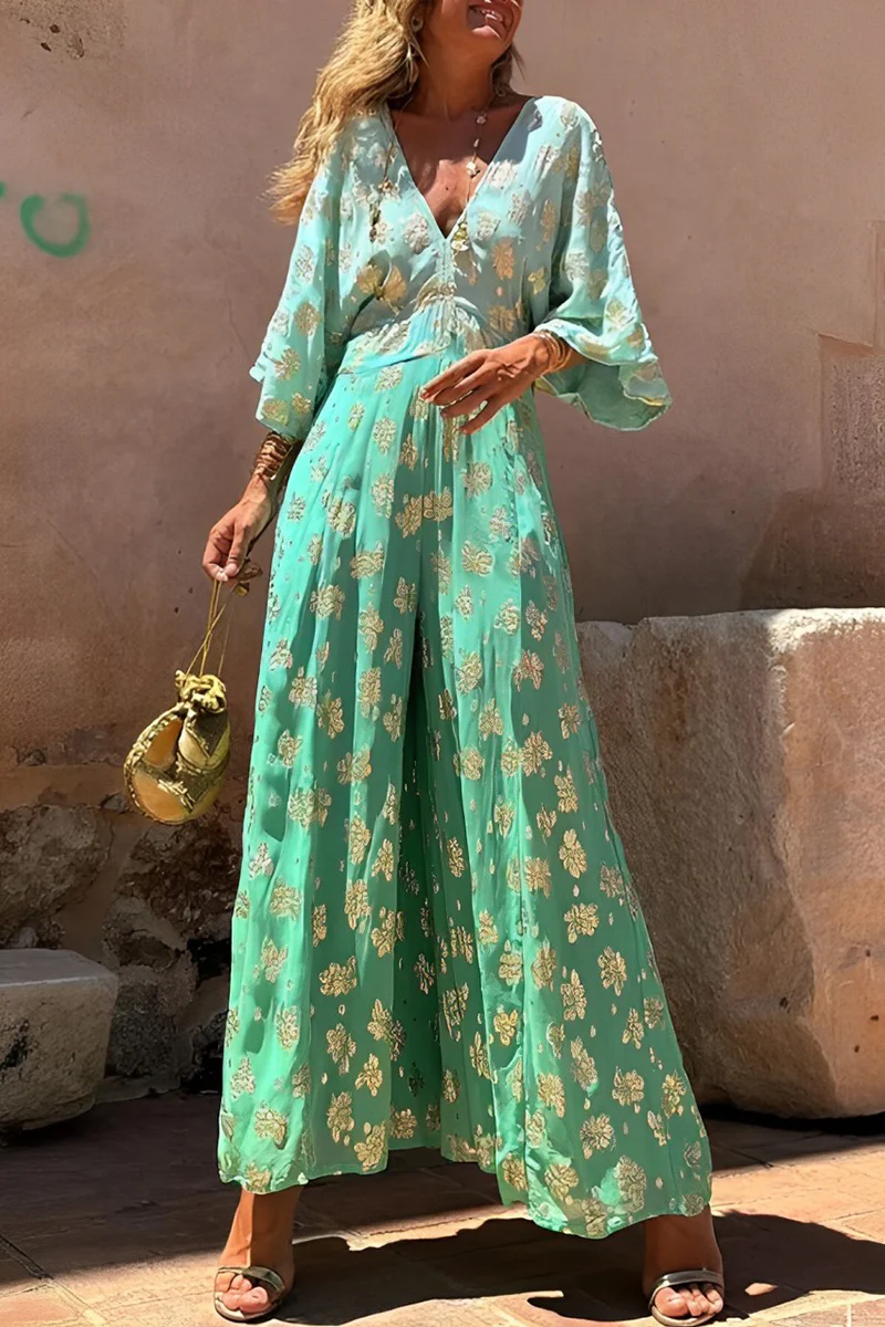 Casual Daily Gradient Print Bronzing Pattern V Neck Loose Jumpsuits - Panekey