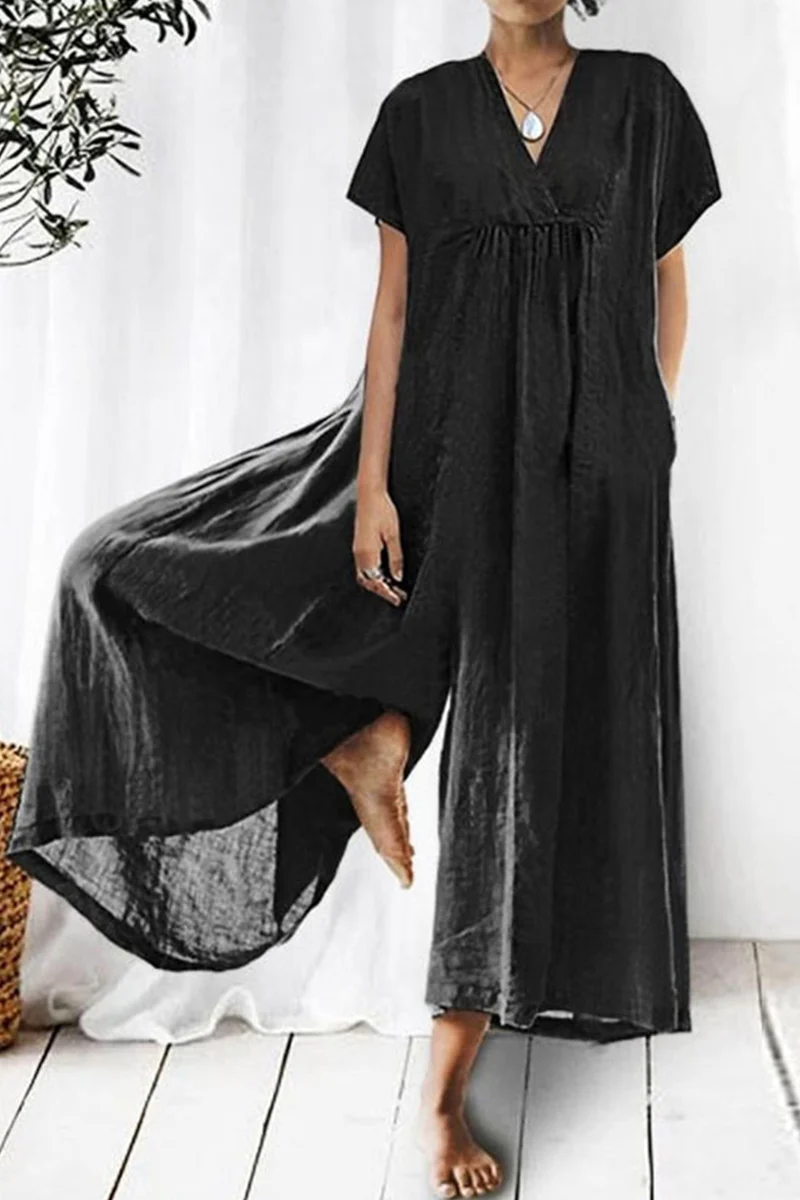 Casual Daily Solid Pocket V Neck Loose Jumpsuits - Panekey