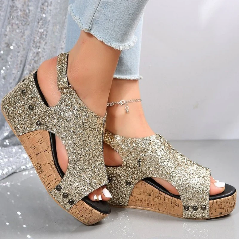 Casual Hollowed Out Sequins Patchwork Fish Mouth Out Door Wedges Shoes - Panekey